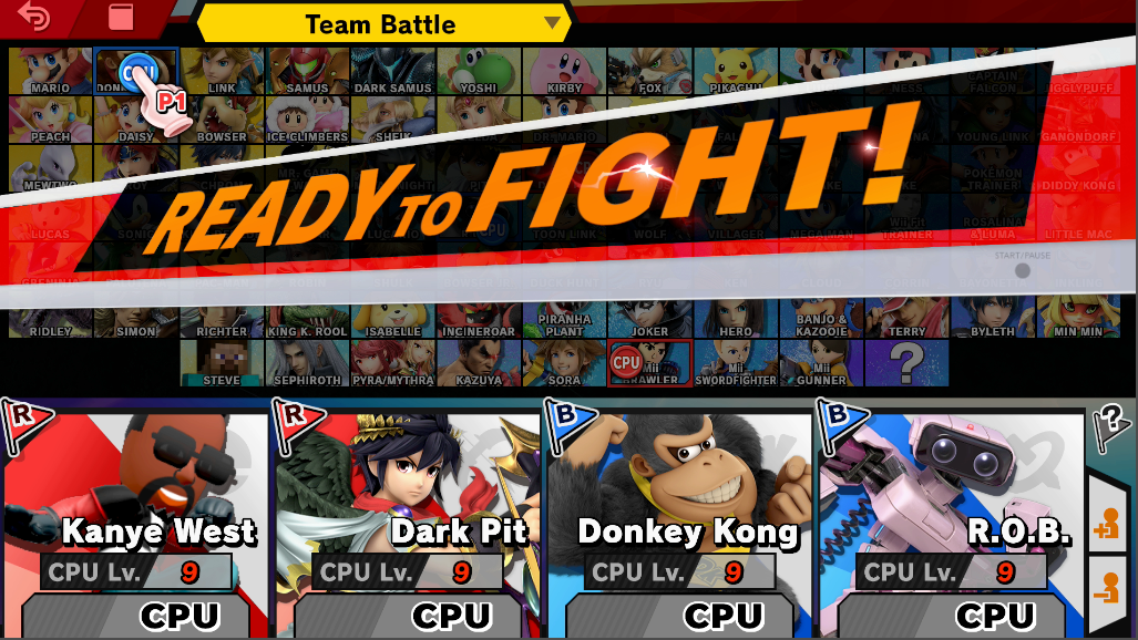 The character select screen, showing a team battle between a Mii Brawler (Kanye West) and a Dark Pit (Light Pit) on one side, and a Donkey Kong (Winston Overwatch) and a R.O.B. (D.Va) on the other.